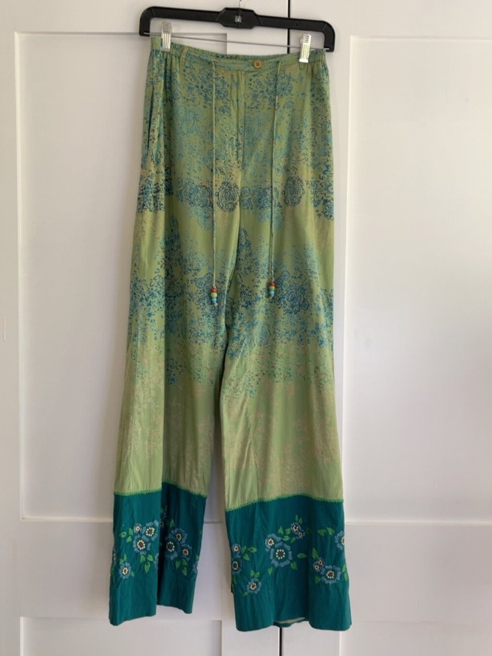 Vintage Oilily Embroidered Floral Wide - Leg Pants Green Teal Size 34